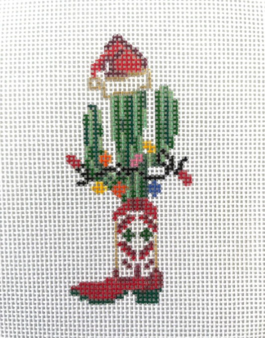 Cowgirl Christmas cactus tree- hand painted needlepoint canvas