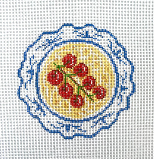 Hand drawn plate of butter noodles. Stitch Painted Needlepoint Canvas