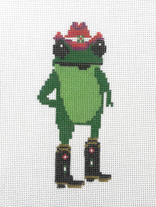 Cowgirl Christmas frog - hand painted needlepoint canvas