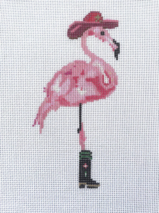 Cowgirl Christmas flamingo - hand painted needlepoint canvas