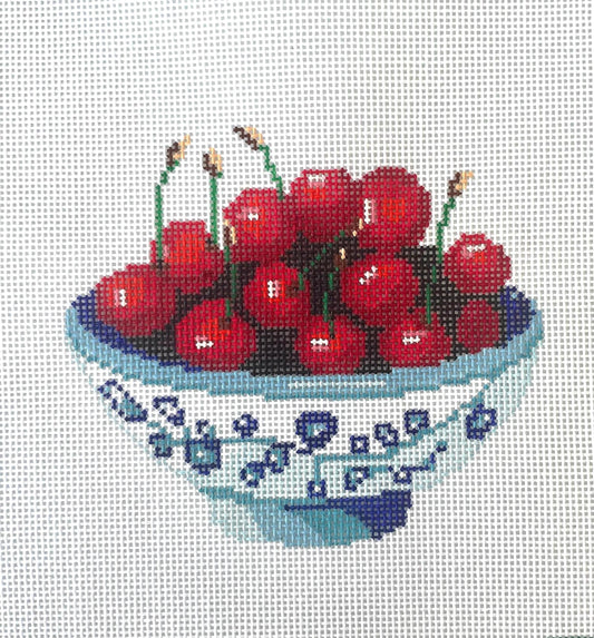 PRE ORDER- 3 weeks cherries in a blue bowl Hand Painted Needlepoint Canvas